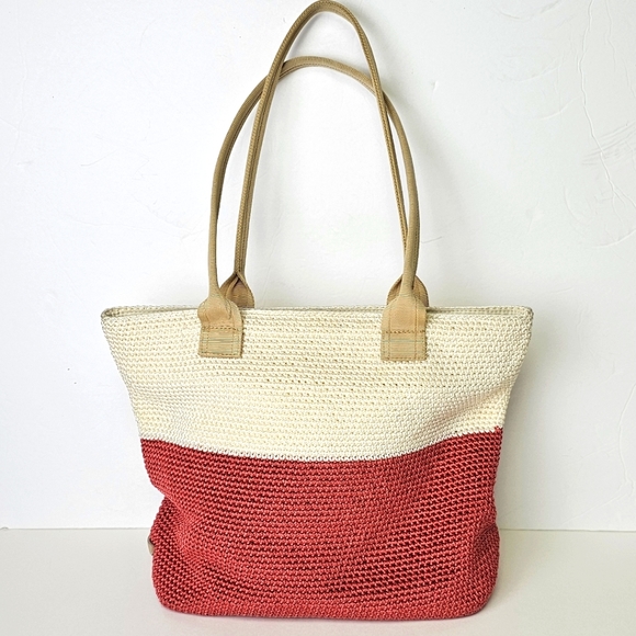 The Sak Shoulder Bag Peach and Cream Crotched Woven Zip Top Beachy Boho - Picture 3 of 10